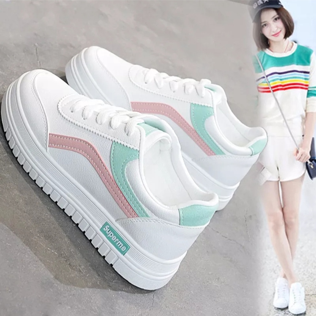Pvn Sepatu Kets Wanita Kekinian Korea Style Tali Putih Sneakers Motif Vpn Simpel Garis N*Ke Spatu Sn
