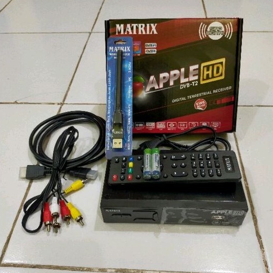 SET TOP BOX MATRIX MERAH APPLE DVB-T2 PAKET KOMPLIT DONGLE+HDMI+RCA KABEL