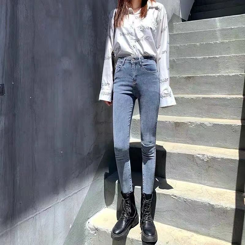 Red Celana Jeans Pinggang Tinggi Wanita Musim Gugur 2022 Versi Korea Baru Pelangsing All-Match Kaki Kurus Sembilan Poin Celana Pensil Trendi