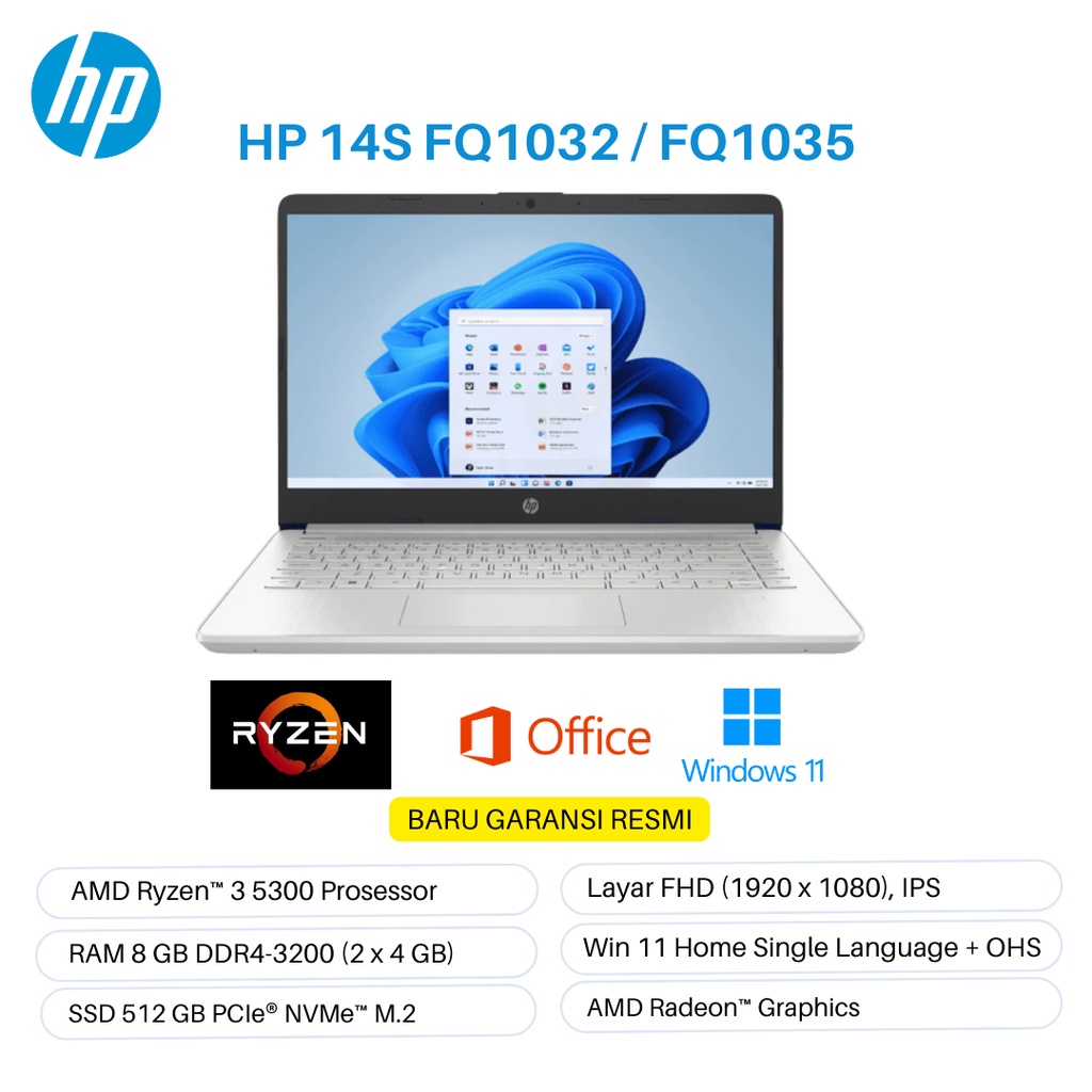 HP 14S FQ1032AU FQ1035AU AMD Ryzen™ 3 5300U 14.0&quot; Ram 8 GB Ssd 512 GB Win 11 + OHS Baru Bergaransi