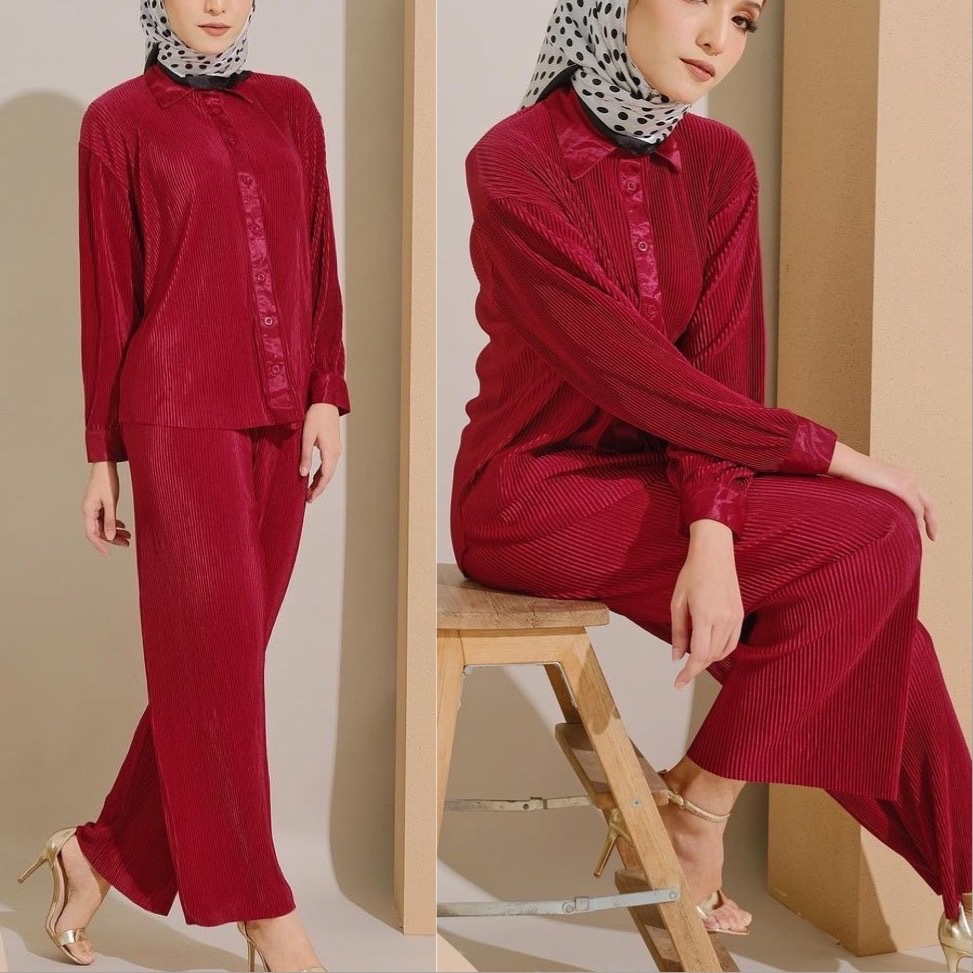SETELAN SET STELAN SATIN PLISKET MUSLIM MODERN WANITA IMPORT IMPOR SATIN PLISKET MODEREN PREMIUM MURAH
