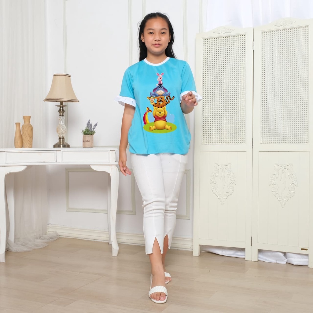 Hzl_outfit Baju Kaos Salma Lengan Kerut Pendek The Pooh Tigger/ Atasan Anak ABG Cewek