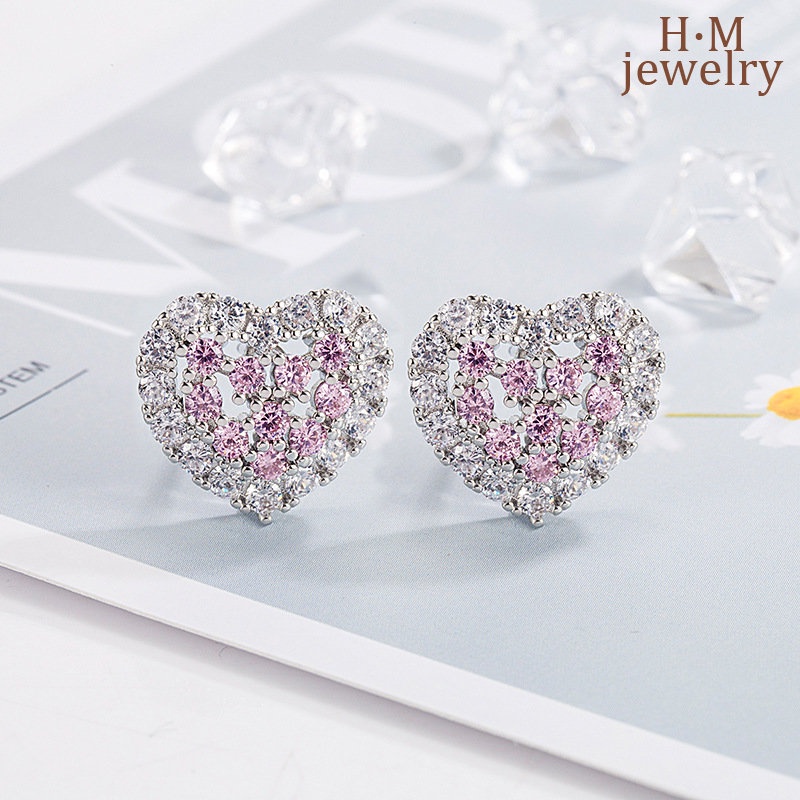 S925 Perak AAA Zircon Pink Love Heart Stud Earrings Ringan Mewah Manis2023Anting Baru