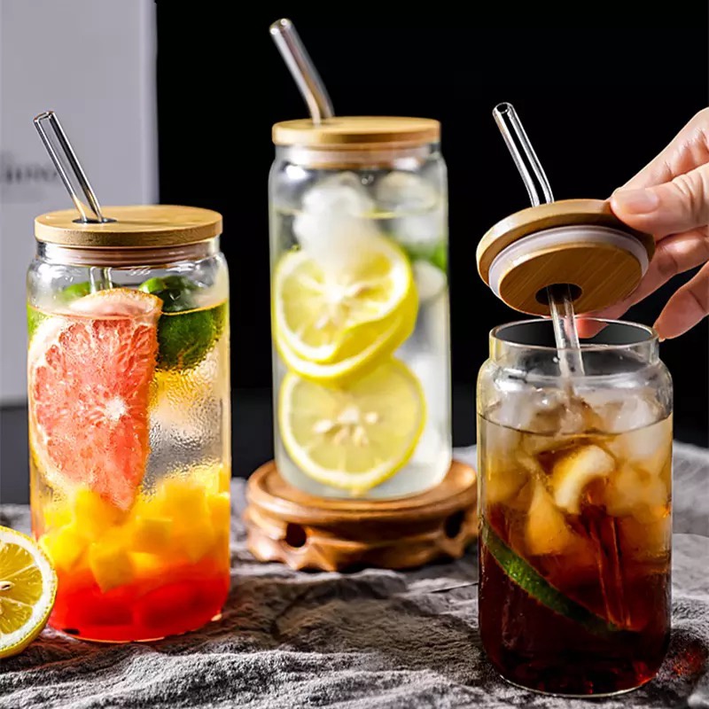 glass cup with bamboo lid / gelas kaca kaleng cola borosilicate 400ml / bubble tea cup juice glass beer can milk