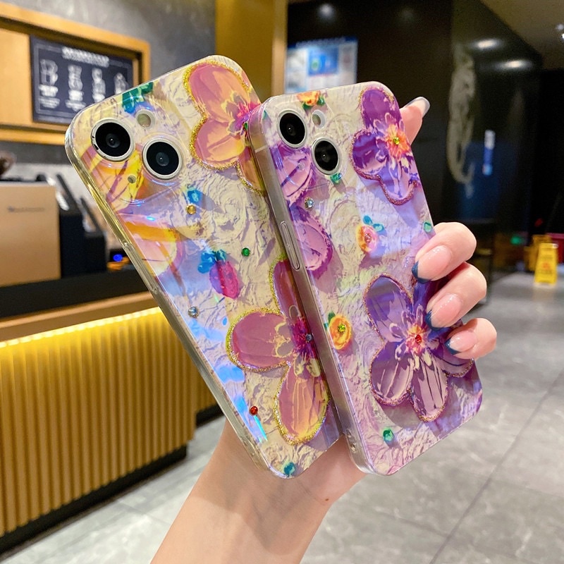 Purple Flower Softcase Case HP Lucu for iphone XS Max XR 11 Pro Max 12 Pro Max 13 Pro Max