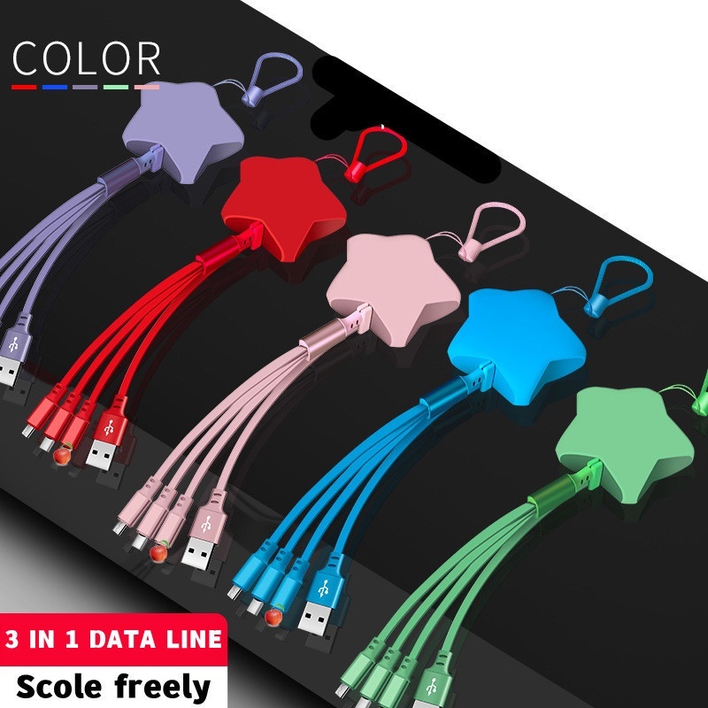 Lucky Star Penyimpanan Teleskopik Satu Drag Tiga Kabel Data Tarik Tunggal Pengisian Cepat Bintang Berujung Lima Macaron 3in1 Kabel Cas Hp