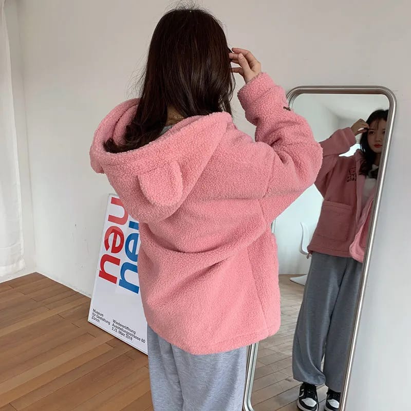 Bear Girl Jaket Zipper Sherpa Buludru Bordir Premium Fit To XL Besar l Jacket Hoodie Wanita Remaja Korean Style