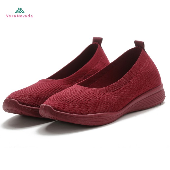 Flatshoes Vera Nevada Sepatu FlyKnit Flat Slip On Wanita Shoes A02 - MAROON, 36(K9H0) Flatshoes Hita