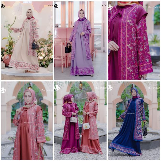 Gamis LELYANA Premium by Alcavella S - XXL 5 Warna - Dress + Outer + Hijab Cantik Pesta Kondangan Mu
