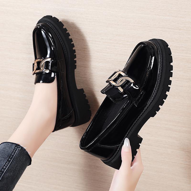 Sepatu Kerja Perempuan Hitam Glossy Chain Sepatu Loafers Wanita ala Korea Docmart Platform Black Fashion SK-041