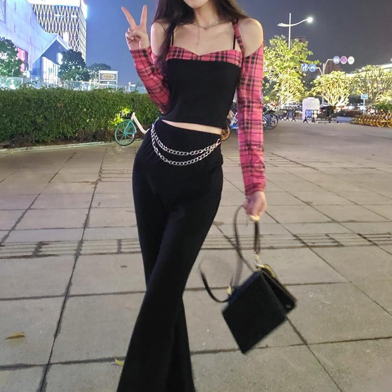 Red 2021 Musim Gugur Baru Gadis Panas Mawar Merah Kisi Kata Desain Kerah Off-Shoulder Tali Pendek Lengan Panjang t-shirt Top