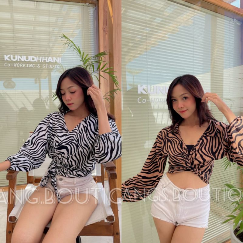 PAKAIAN/ATASAN WANITA KAIRA WRAP TOP MOTIF ZEBRA MURAH BAHAN RAYON