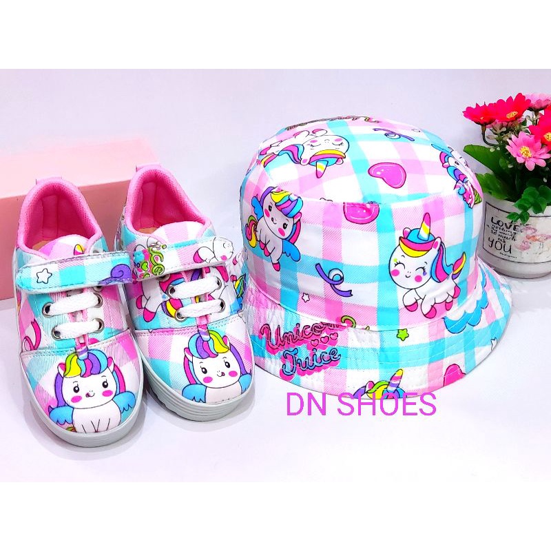 Paket Sneakers Anak Topi Bucket Anak Perempuan Paket Sepatu Tali Anak Topi Bucket Tali Hat Anak Perempuan Lucu Karakter Unicorn Tosca Pink Juice