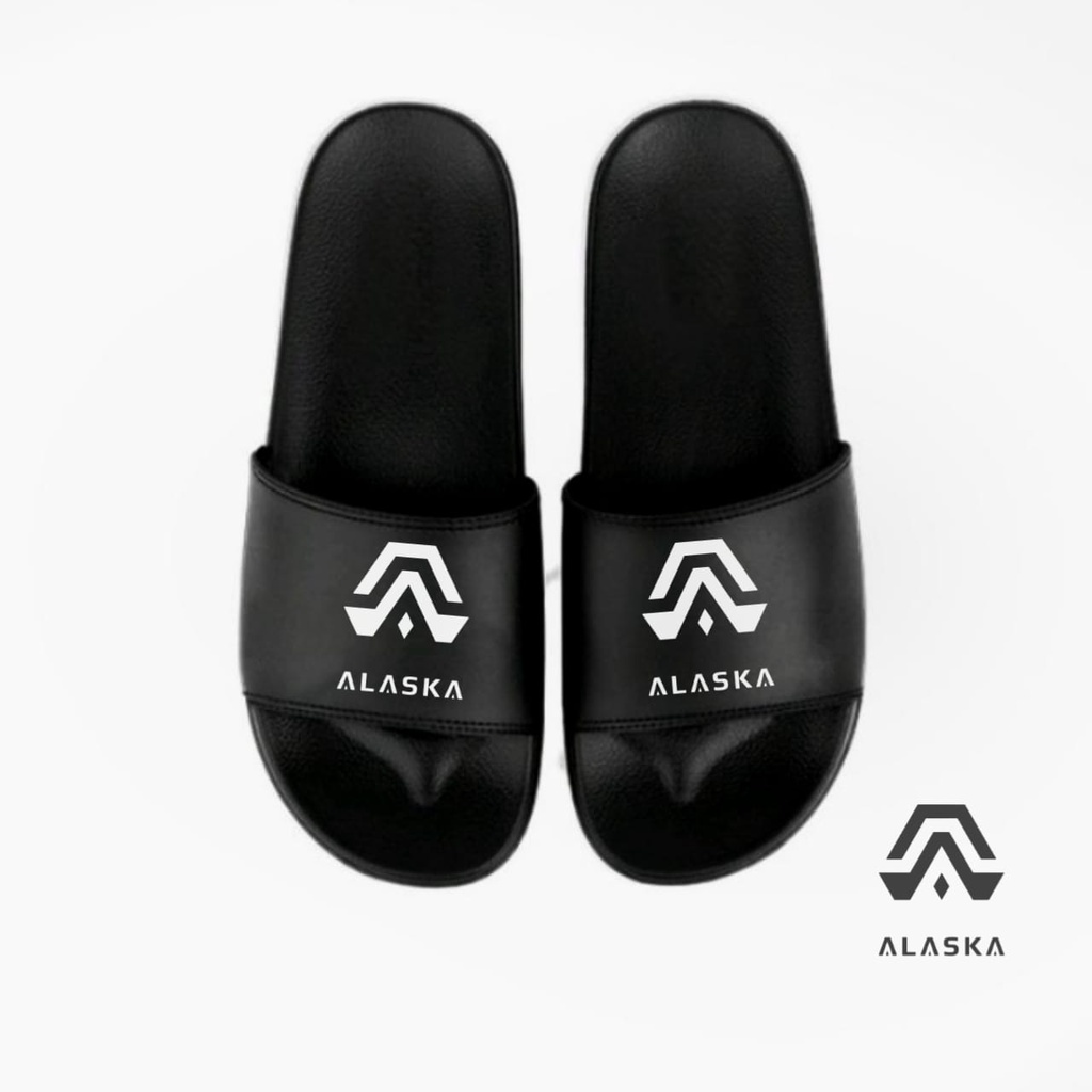 Sandal Slide Slip On Pria Original ALASKA Kualitas Premium l Sandal Slop-Hitam Logo Putih
