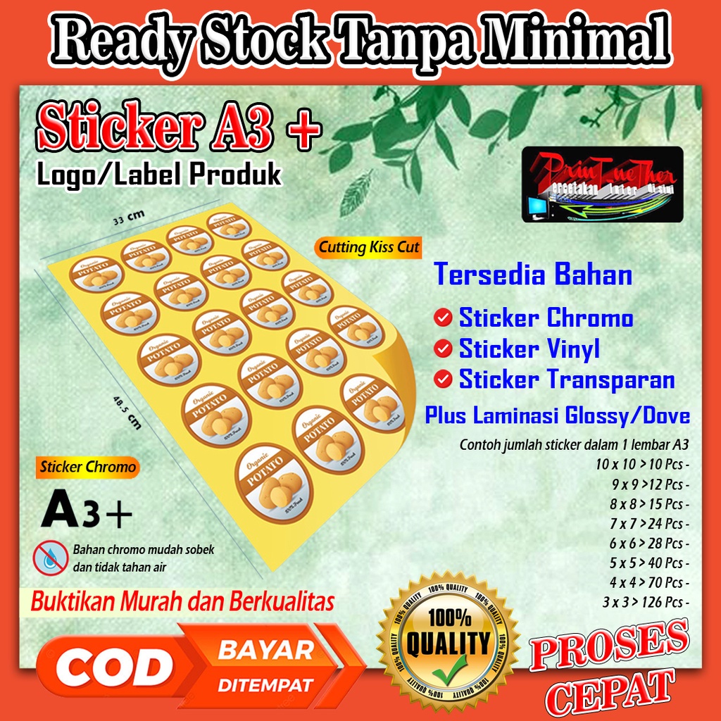 

Sticker Logo/Label A3+ Cutting. Chromo, Vinyl, Transfarant Plus Laminasi Glossy/Dove Plus Cetak & Desain