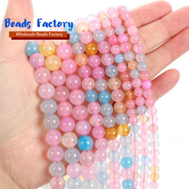 4-10 Mm Batu Alam Morganite Agate Pesona Bulat Manik-manik Longgar untuk Membuat Perhiasan Aksesoris Diy