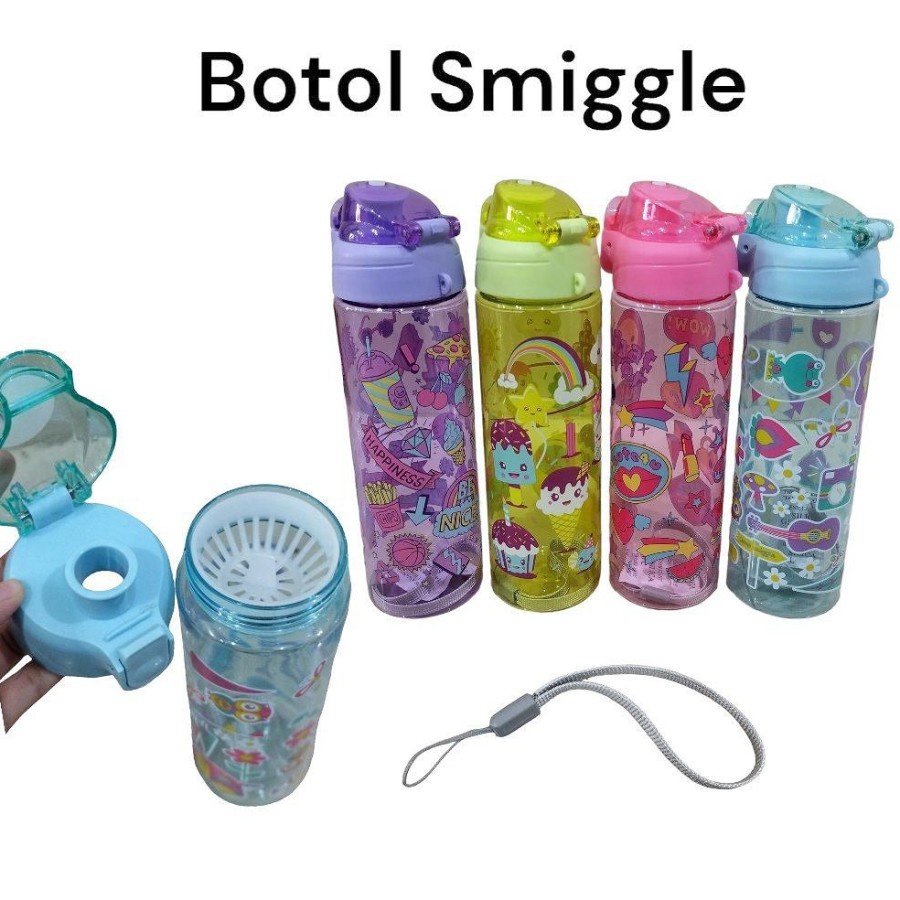 750ML - BOTOL MINUM SMIGGLE COLORFULL WARNA WITH STRAP &amp; SARINGAN