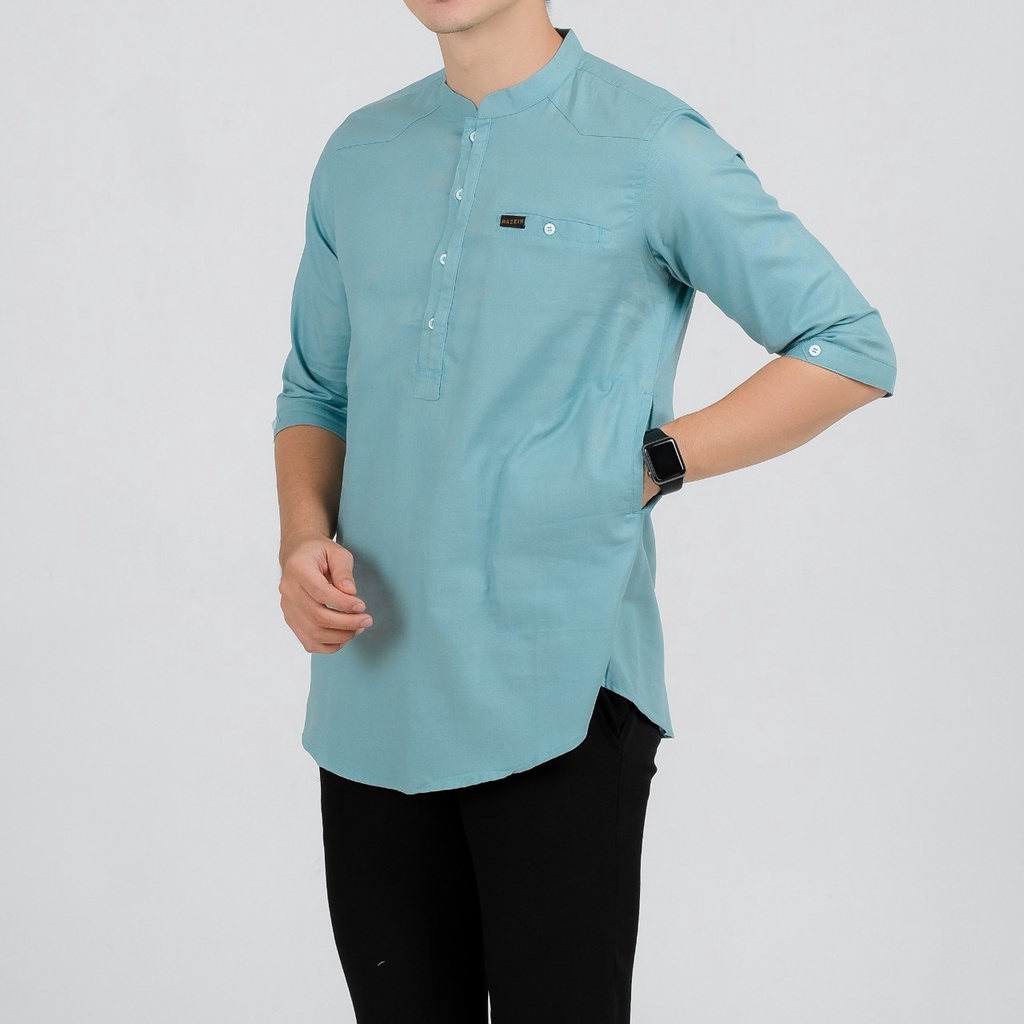 Baju Koko Pria Dewasa Lengan 3/4 Katun Linen Washing Biru Wardah Shiddiq