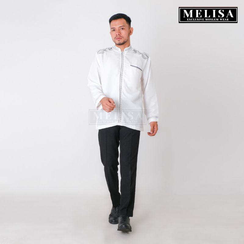 Baju Koko Pria Dewasa Lengan Panjang Bahan Poli Katun Warna Putih Tulang Motip Bordir