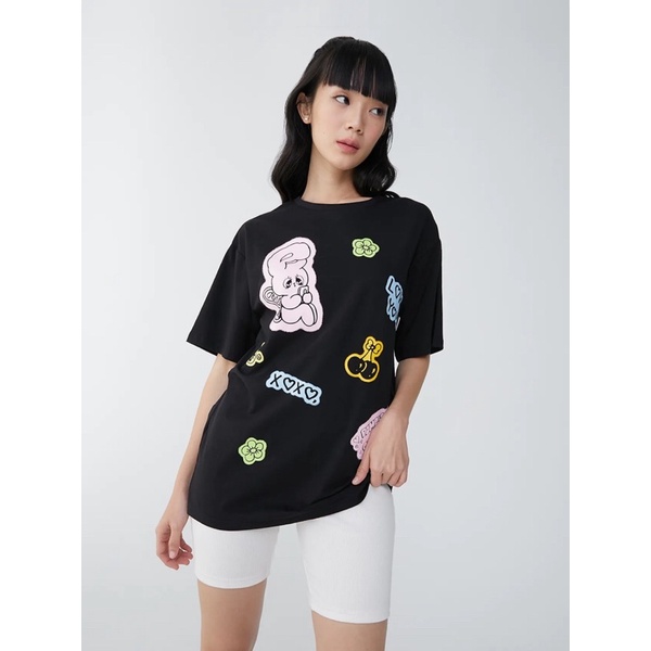 Pomelo x Esther Bunny Sustainable Graphic Printed T-Shirt Black Oversized Tee