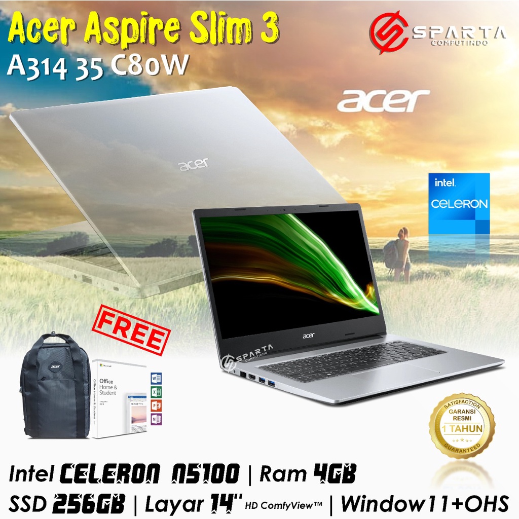 Acer Aspire 3 Slim A314-35-C80W Celeron N5100 Ram 4GB 256GB SSD Layar 14″ Win 11 Home+OHS 2021