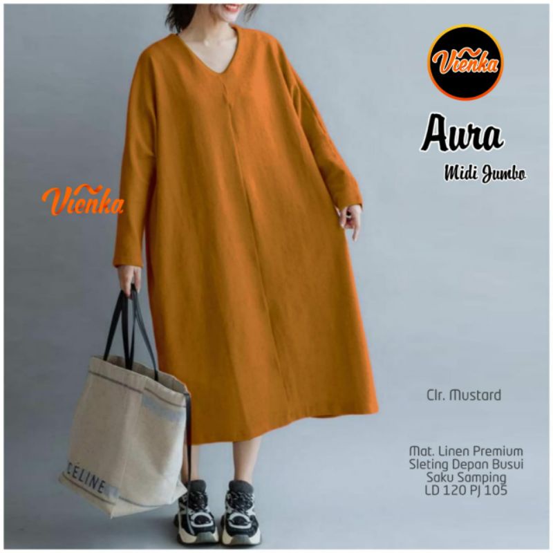 Aura long tunik katun linen jumbo ld 120 xxl