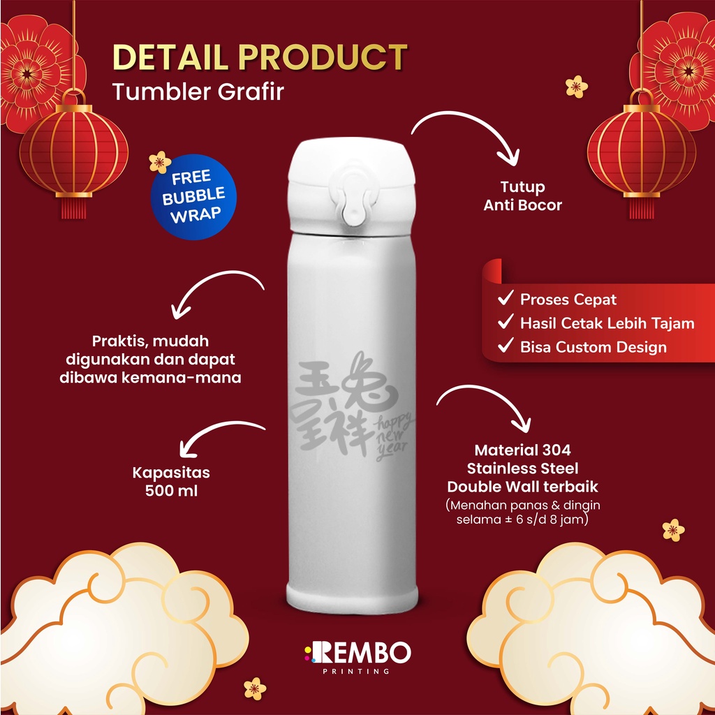 TUMBLER LASER GRAFIR SPESIAL Edisi Imlek Tahun Baru China Custom Termos Chinese New Year CNY 2023 Tahun Kelinci Year of Rabbit Tumbler Botol Minuman Cetak Satuan Grosir Souvenir Gift Hadiah Wedding Couple Thermos Unik Murah Lucu