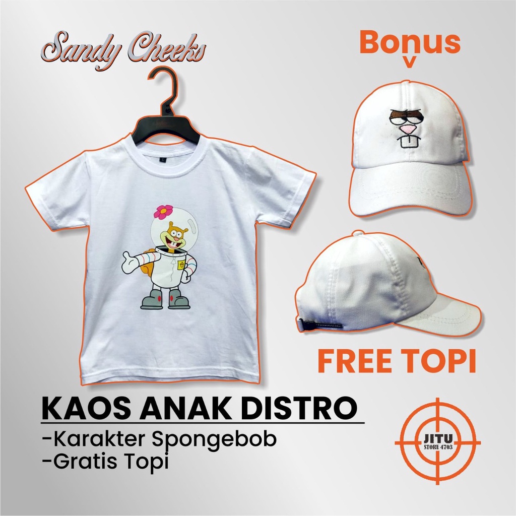 KAOS DTF ANAK DISTRO KARAKTER SPONGEBOB PATRICK SANDY SQUIDWARD MR CRAB BONUS GRATIS TOPI BORDIR