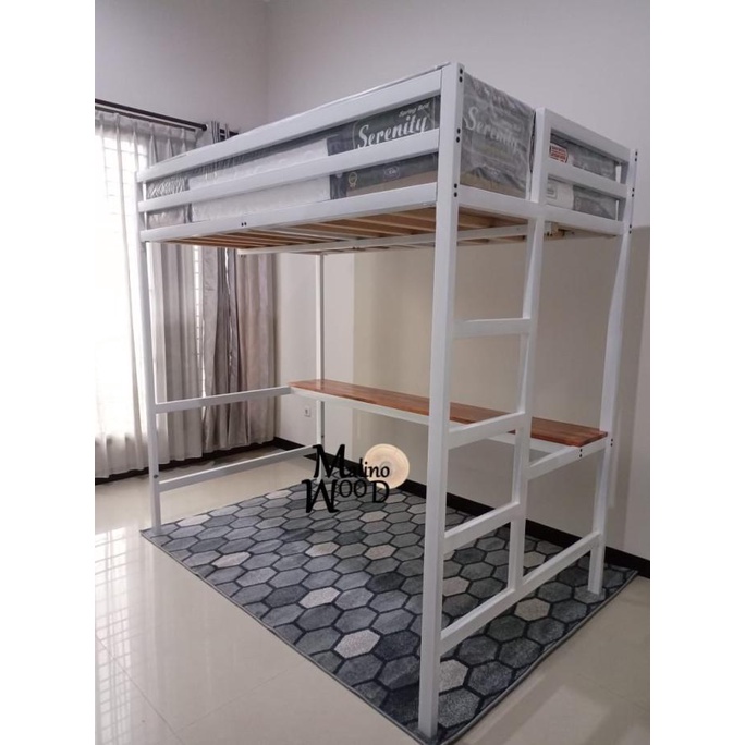 Loft bed besi ranjang tempat tidur minimalis dipan besi meja belajar