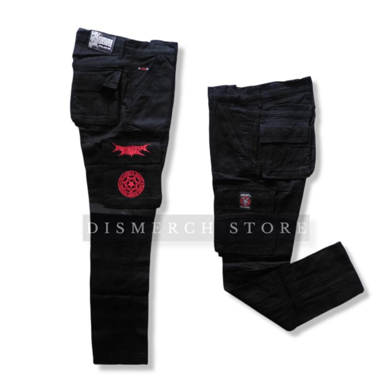 Prapatan Rebel | Celana Panjang Cargo Hitam Bordir Metal Logo Merah
