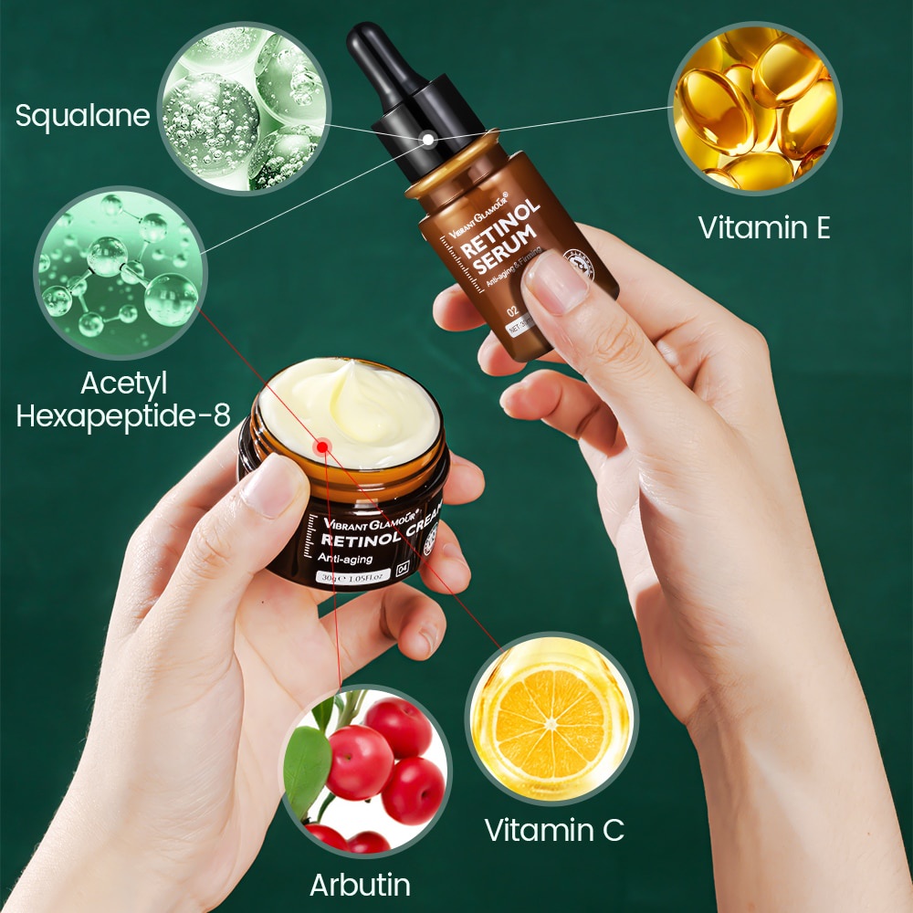 VIBRANT GLAMOUR Retinol Cream Night Cream Mengaktifkan Kolagen Menghilangkan Kerutan Regenerasi Kulit - 2pcs Serum Retinol Anti-Penuaan Untuk Wajah &amp; Cream Retinol 30gr