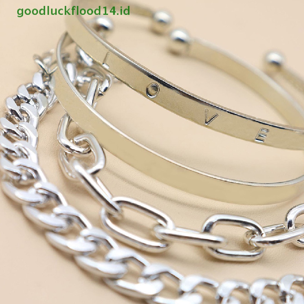 [GOOGFOUR] 4pcs/set Wanita Fashion Punk Hip Hop Rantai Bangles Gelang Perhiasan Aksesoris [TOP]