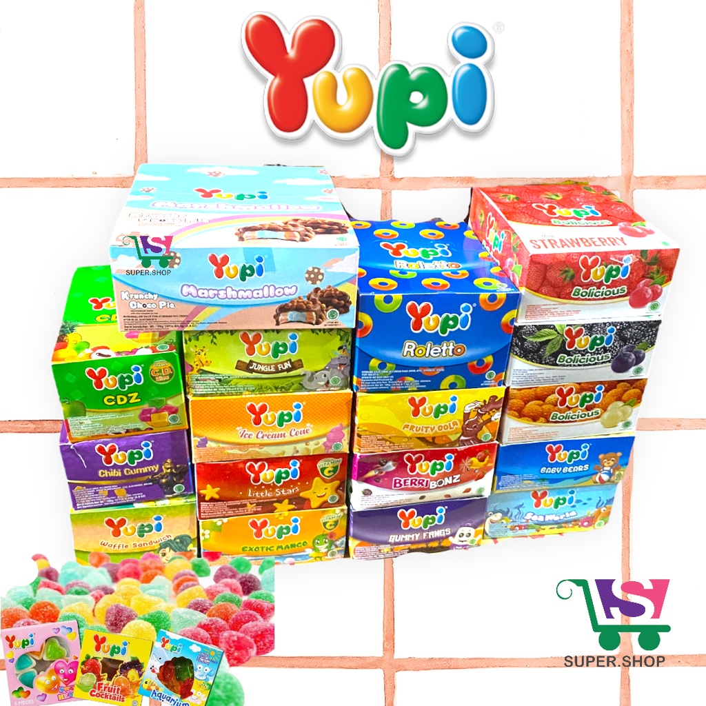 

Permen YUPI Bolicious Mandarin / Vegasaurus / Puffy Land Marshmallow / Cola / Jelly Choco Glee / Sweet Heart / Baby Bears / Aquarium / Dino / Pizza