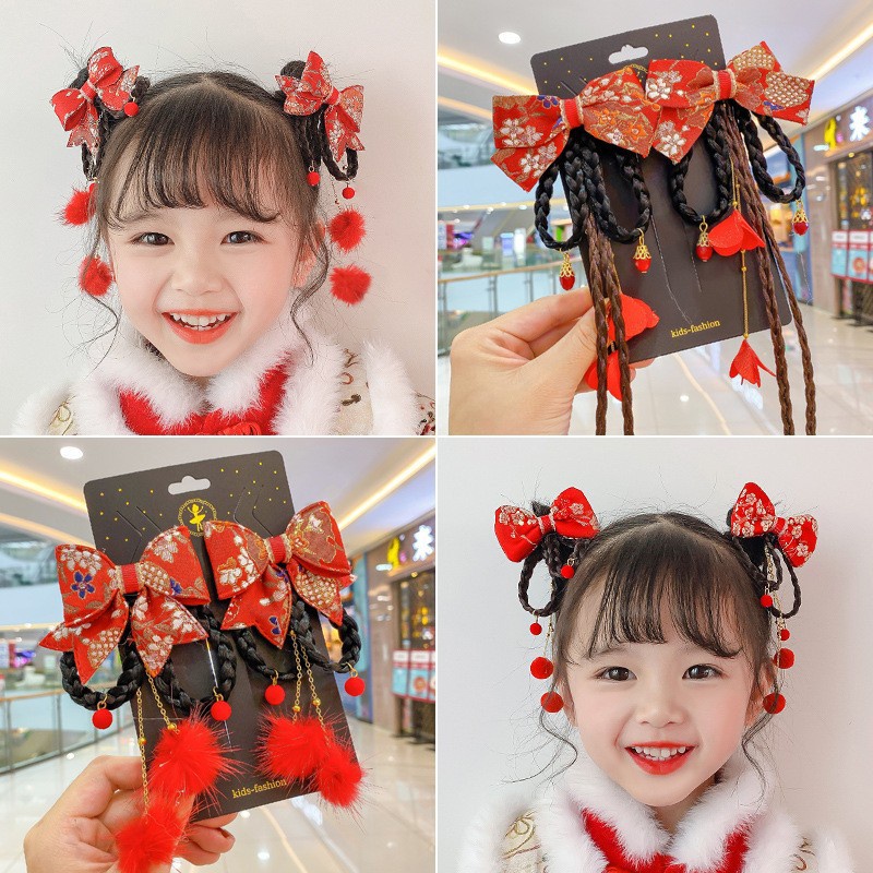 Sepasang Jepitan Pita Imlek Bando Anak Berwarna Merah Cantik | Set Jepit Rambut China Hanfu Model Kipas Aksesoris Fashion Anak Terbaru New Year 2023