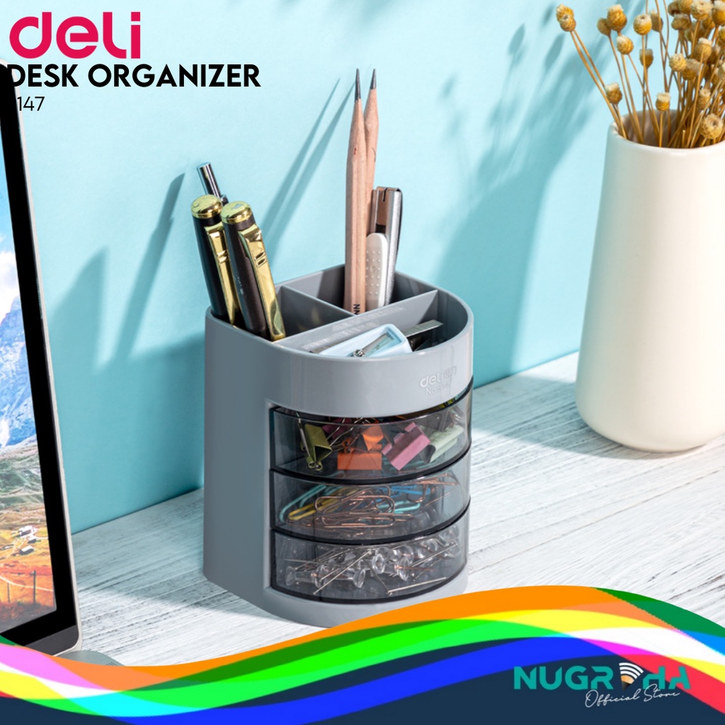 

TEMPAT PULPEN MEJA PEN HOLDER CUP DELI 9147 3 LACI STATIONERY STAND