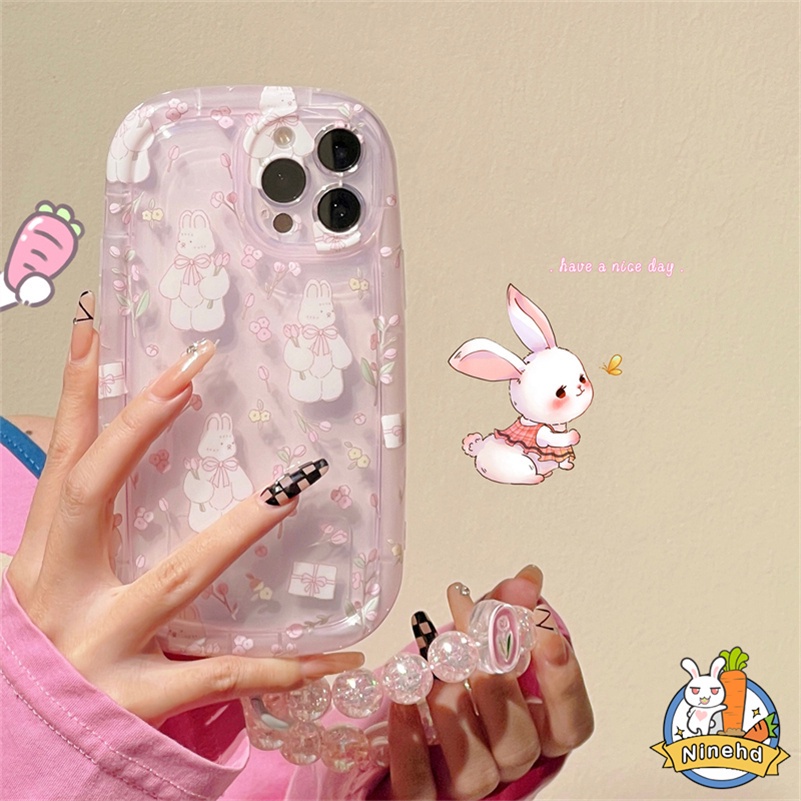 IPHONE Casing Kompatibel Untuk Iphone14 13 12 11 Pro Max X Xr Xs Max SE 8 7 6 6s Plus Gadis Hati Bunga Pink Kelinci Casing Ponsel Tanpa Rantai Tangan Silikon Tebal Soft Case Cover Pelindung