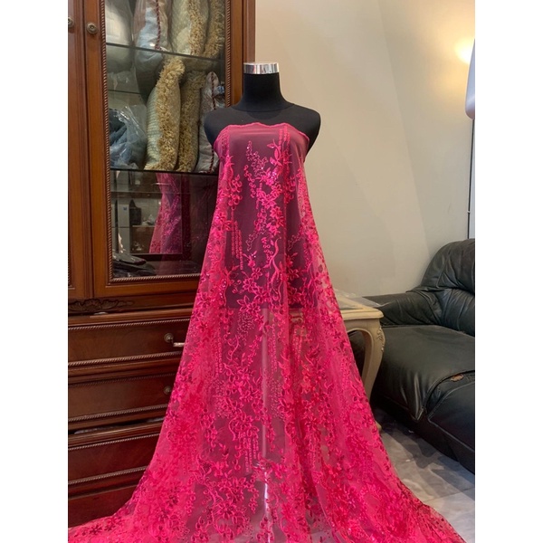 Bahan Kebaya Mewah Brokat Tile Bordir Payet Warna Fuschia Pink Fanta