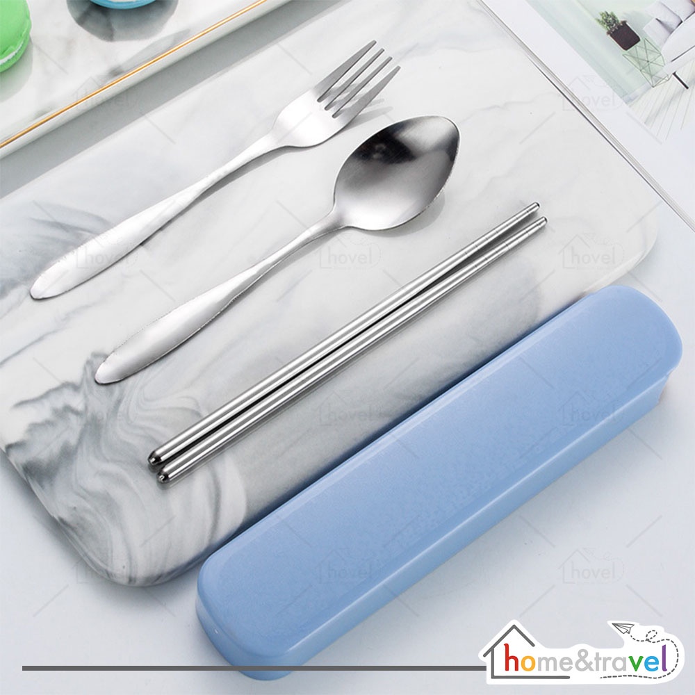 HOVELSHOP Set Alat Makan Sendok Garpu Sumpit Stainless Steel Tebal Portable