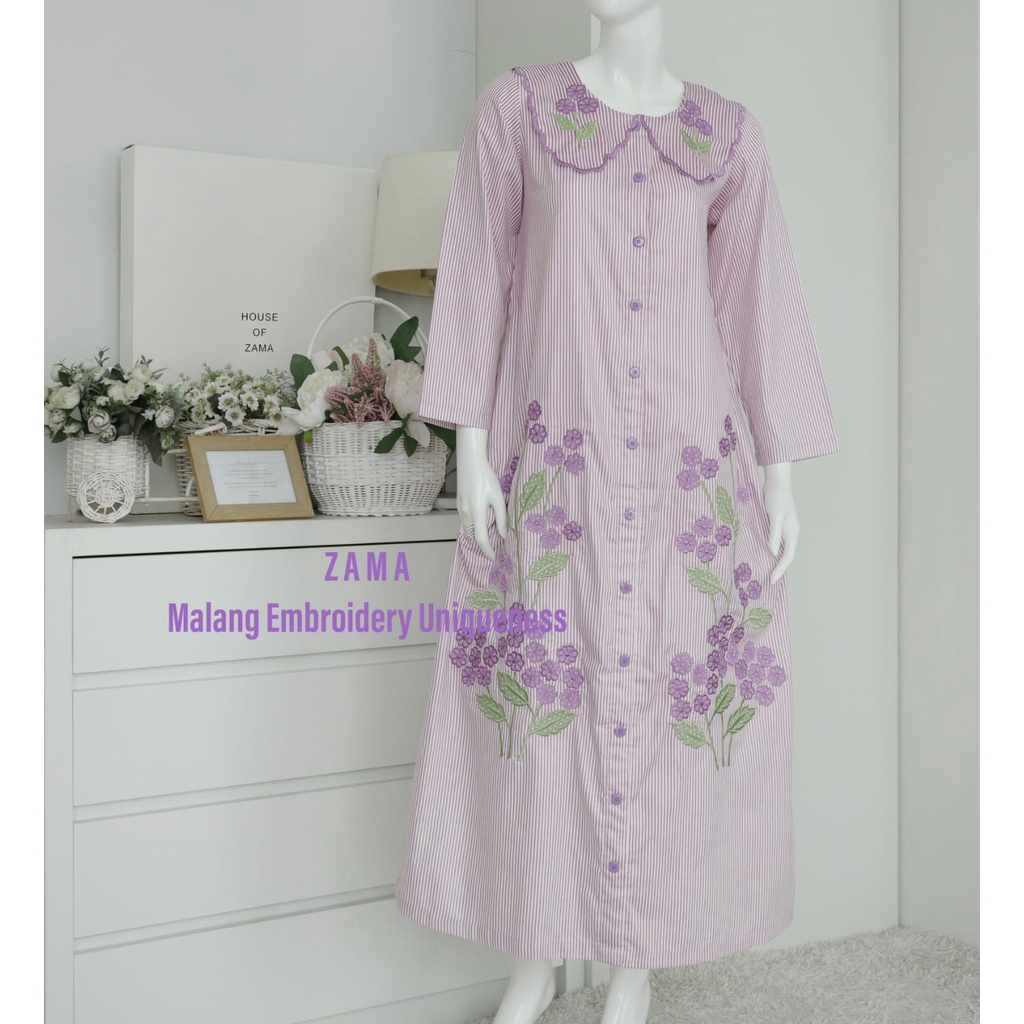ZAMA | Daster Panjang Stripe Lavender Bordir Hortensia Khas Malang