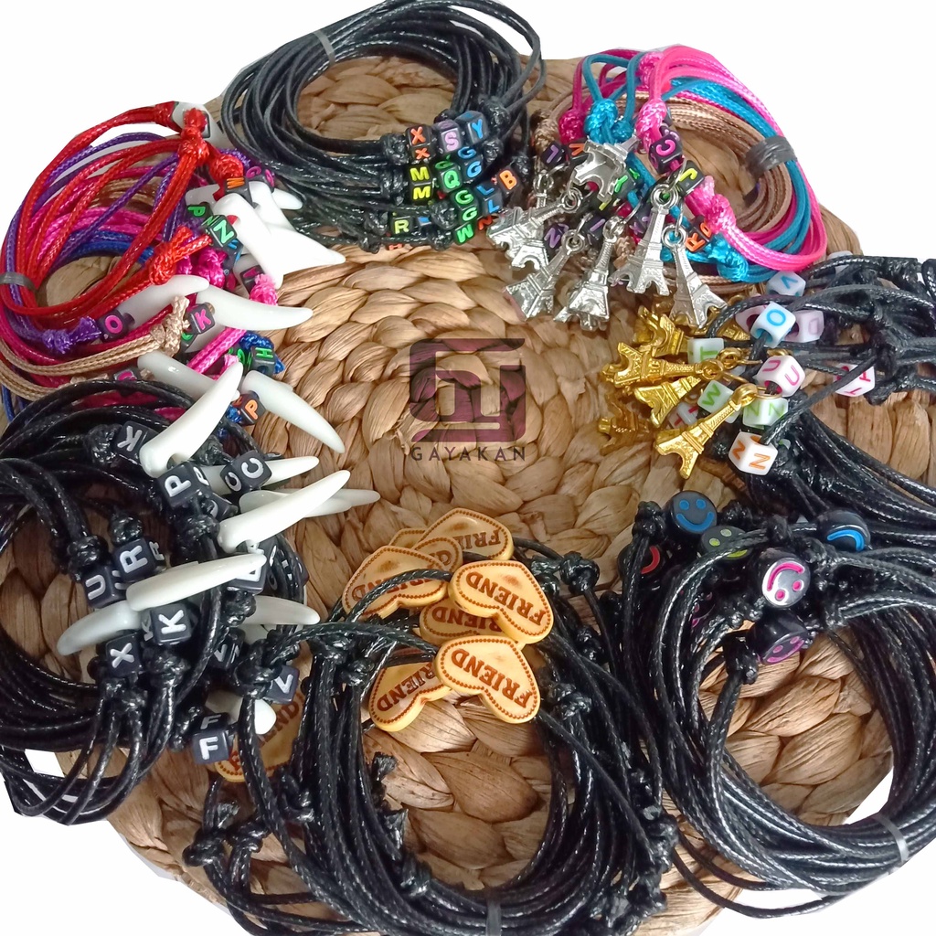 1 Lusin (12 Pcs) Gelang Tangan Korea Tali Hitam dan Warna Bandul Series