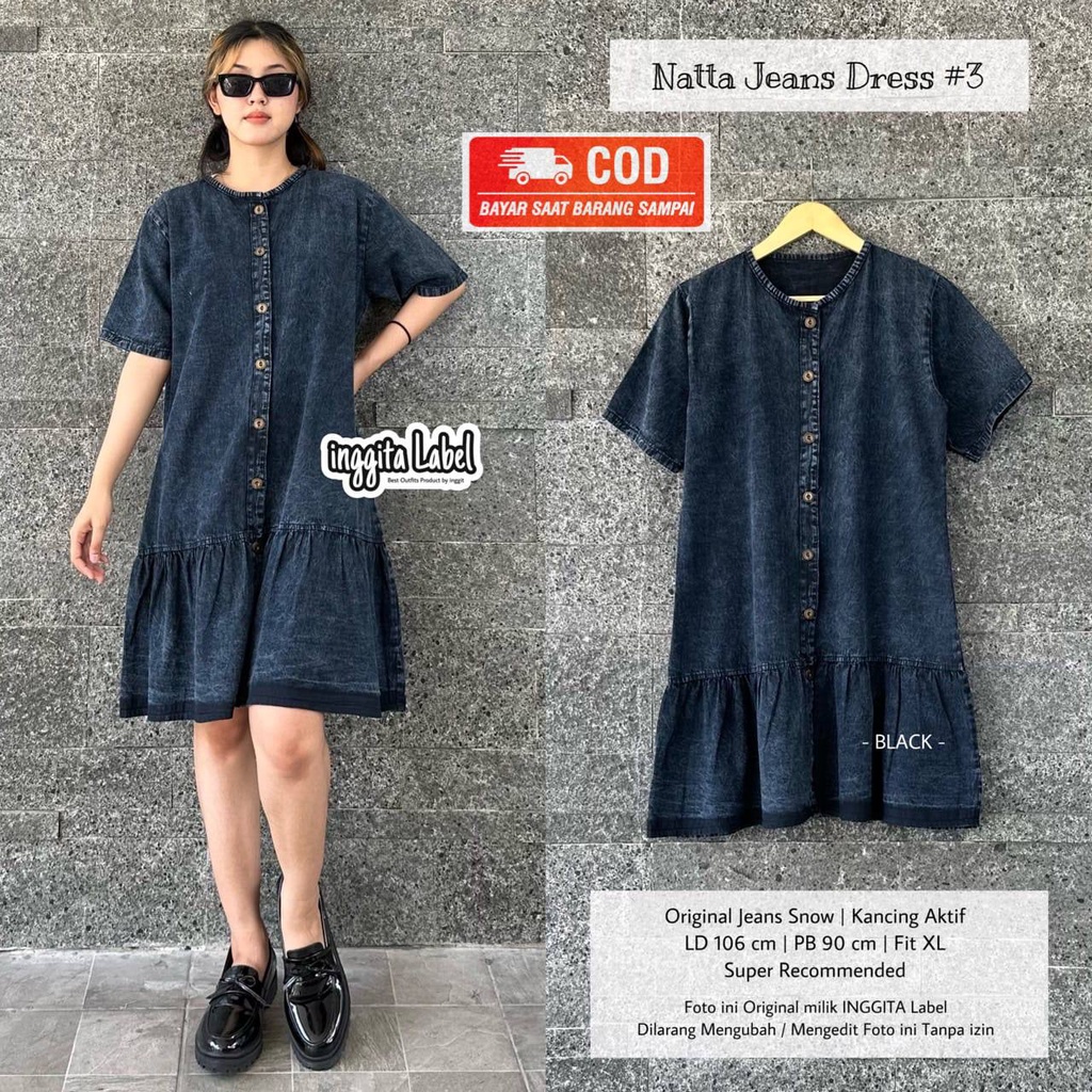 Natta 3 Dress Jeans Rempel Midi Dress Lengan Pendek Baju Wanita Denim Terbaru