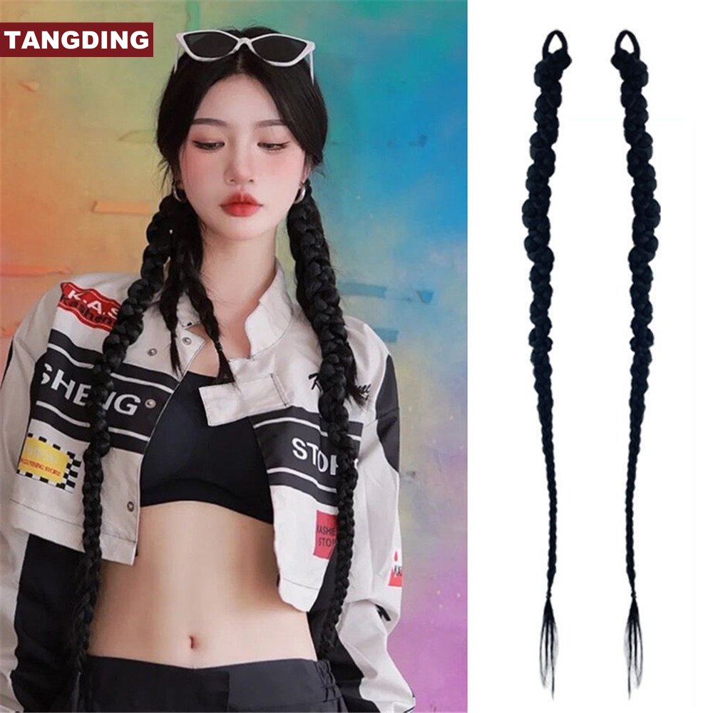 [COD Tangding] 70 cm Hip Hop Dikepang Wig Wanita Gadis Kepribadian Panjang Ekstensi Rambut Wig Aksesoris