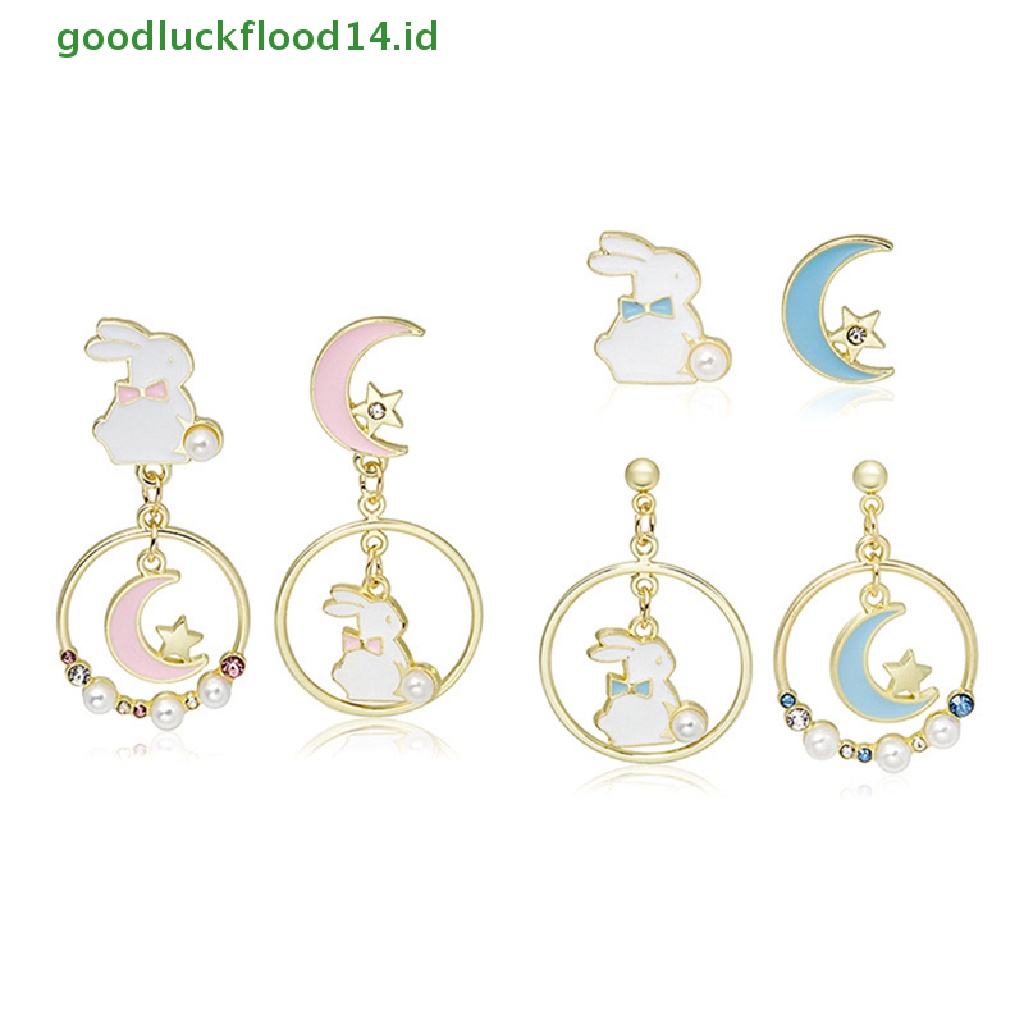 [GOOGFOUR] Lucu Fashion Asymmetric Rabbit Moon Star Stud Earrings Wanita Eardrop Perhiasan Pesta [TOP]