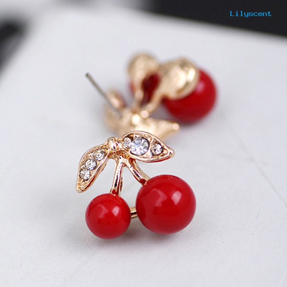 [LS] Wanita Merah Cherry Bening Berlian Imitasi Ear Studs Beads Golden Alloy Leaves Earrings