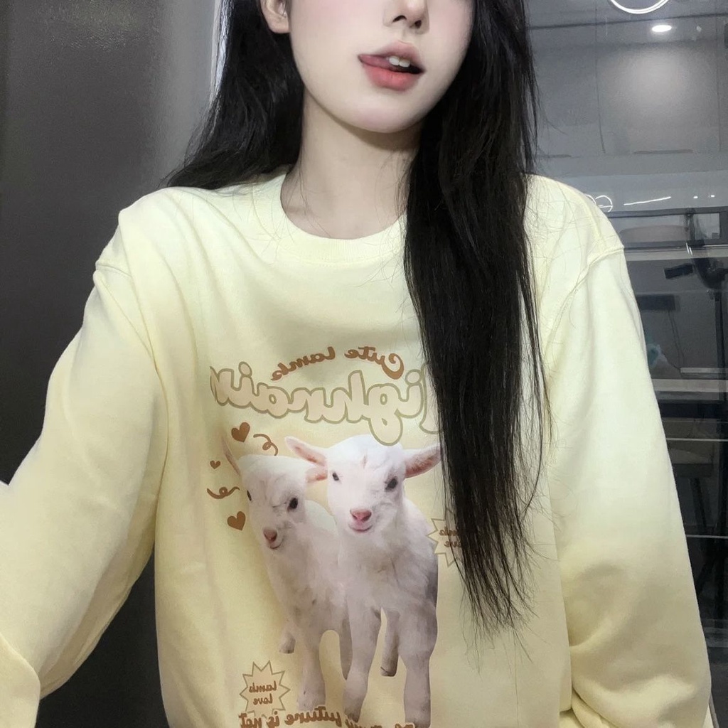 ▼♝♝Milk Huhu [katun] INS super panas awal musim gugur lengan panjang leher bulat longgar sweter kuning muda wanita gaya kampus kecil