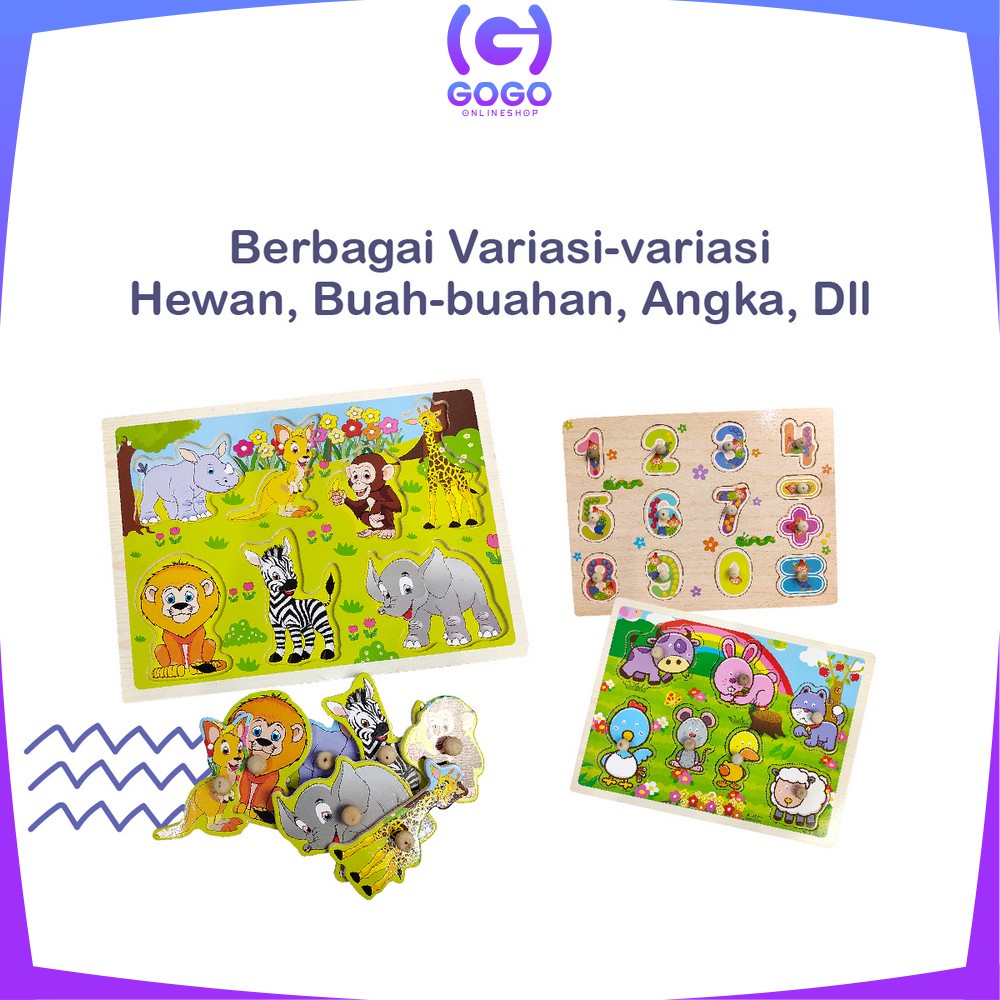 GOGO-M302 Puzzle Kayu Mainan Edukasi Anak Balok Kayu Knob Background Bergambar / Maenan Wooden Toys Edukatif Puzzle Kayu Knop