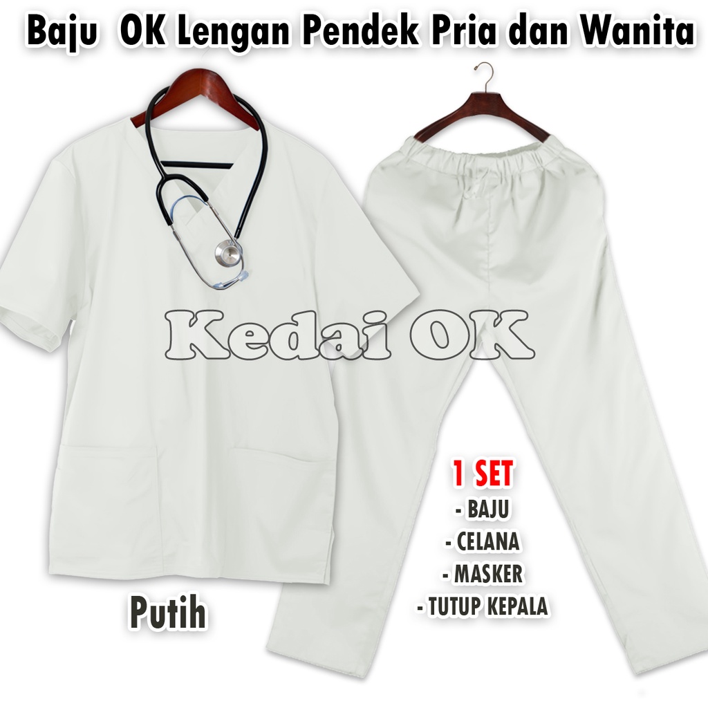 Jual Baju Ok Warna Putih - Baju Oka Medis Lengan Pendek - Seragam Perawat - American Drill