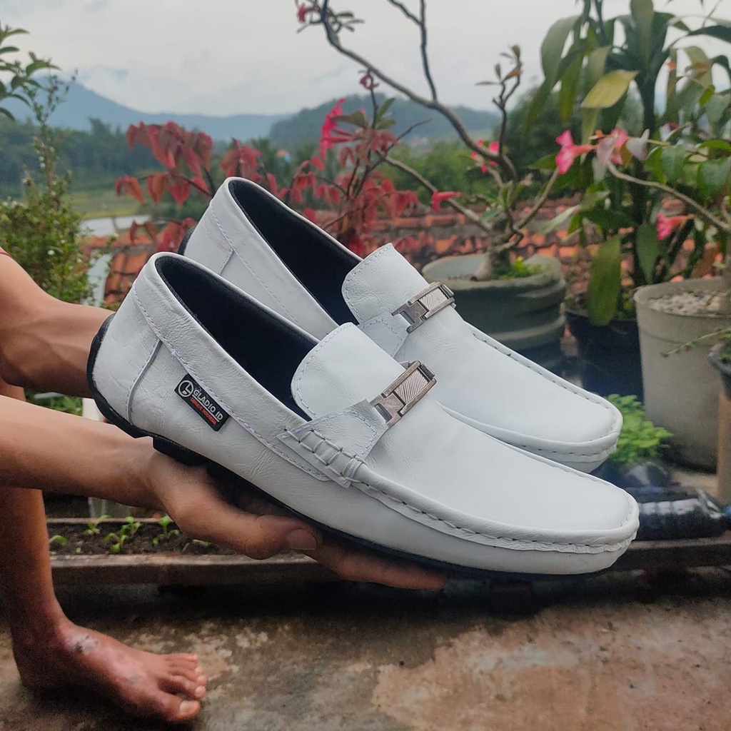 ENOZ X ROVER - Slop Putih Pria Kulit Asli Kasual Original Handmade Sepatu Slip On Pantofel Moccasin Casual Santai Formal Gaya Modis Nikahan Santai