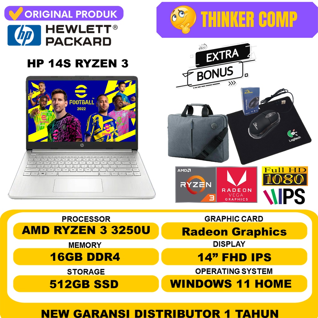 Laptop HP 14S Ryzen 3 3250U Ram 16GB 512GB 1TB SSD FHD IPS Windows 11 Terlaris
