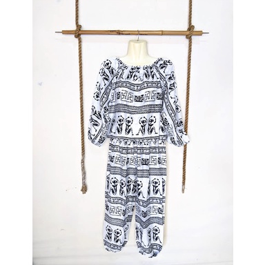 Jumpsuit Pendek dan Panjang Lengan Panjang Celana Panjang / Lengan Pendek Celana Pendek Bahan Rayon Motif Asmat Ethnic